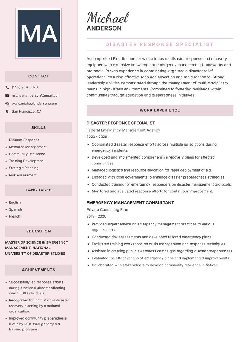 First Responder resume sample — Disaster Response Specialist focus