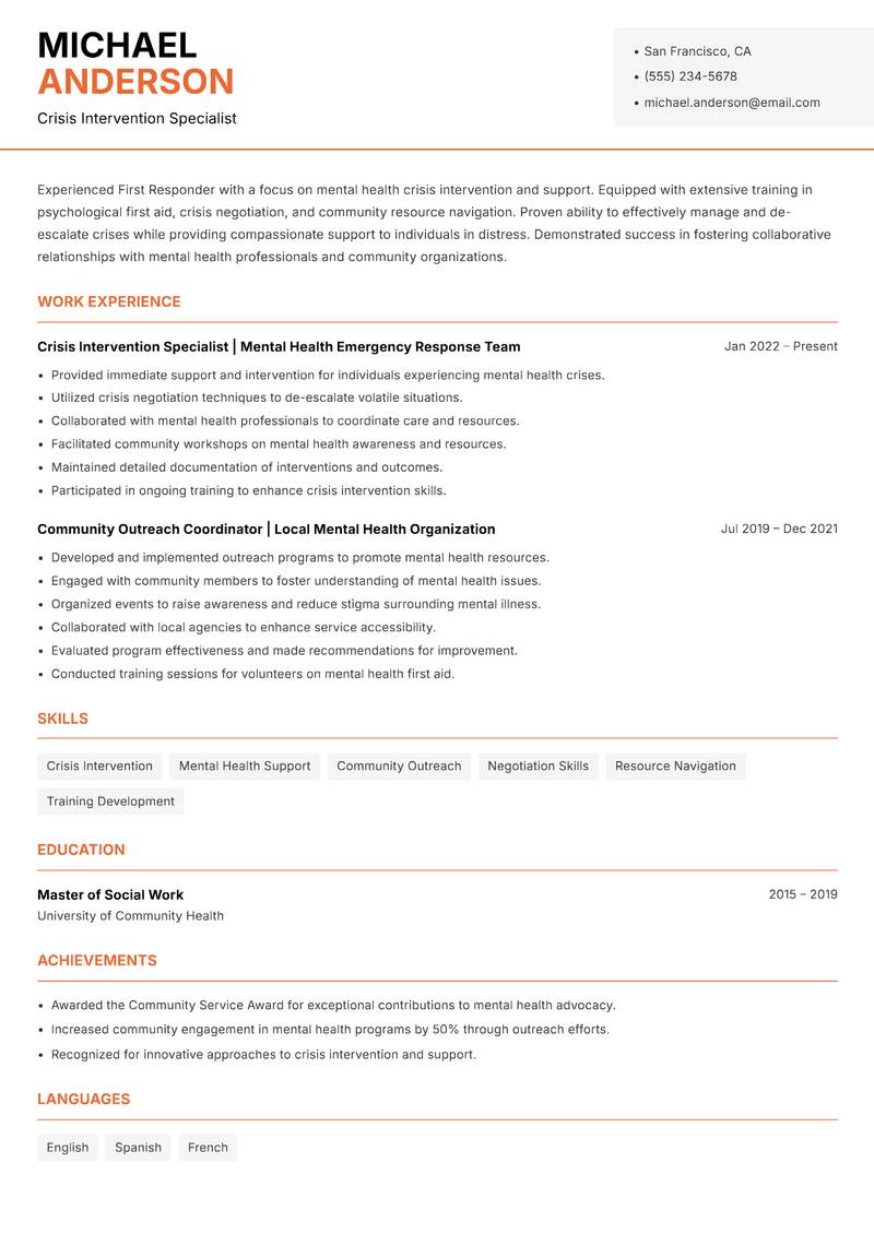 First Responder resume sample — Crisis Intervention Specialist focus