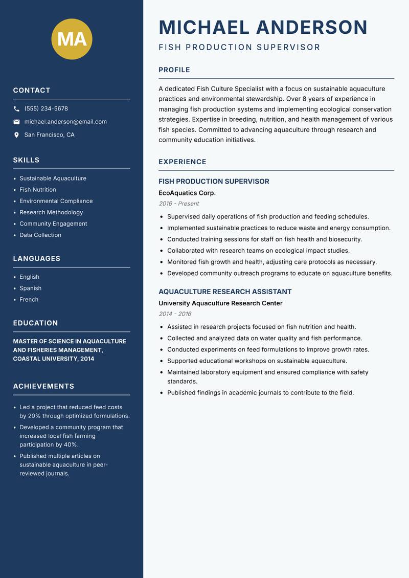 Fish Culture Specialist resume sample — Fish Production Supervisor focus