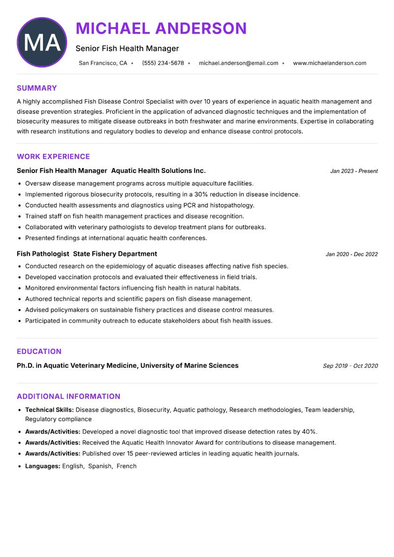 Fish Disease Control Specialist resume example