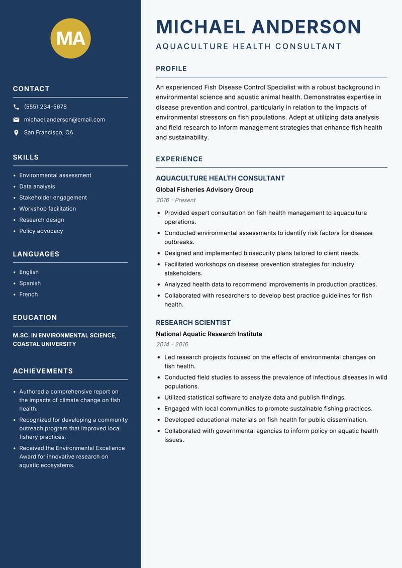 Fish Disease Control Specialist resume sample — Aquaculture Health Consultant focus
