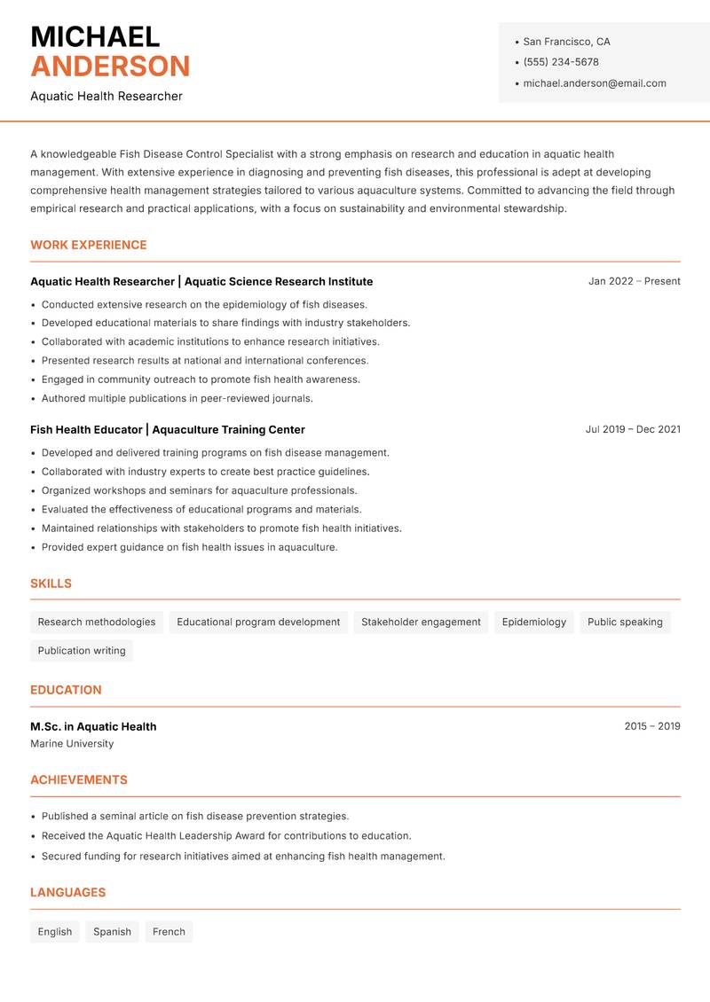 Fish Disease Control Specialist resume sample — Aquatic Health Researcher focus