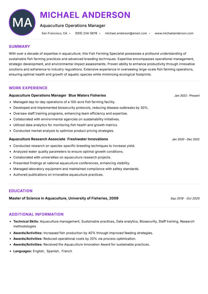 Fish Farming Specialist resume example