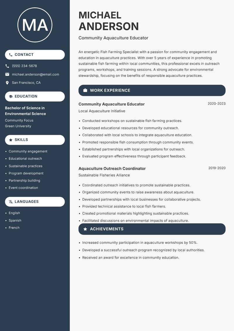 Fish Farming Specialist resume sample — Community Aquaculture Educator focus