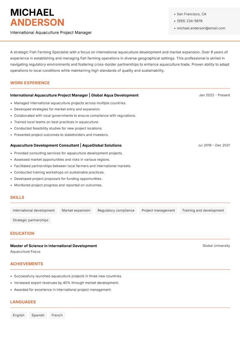 Fish Farming Specialist resume sample — International Aquaculture Project Manager focus