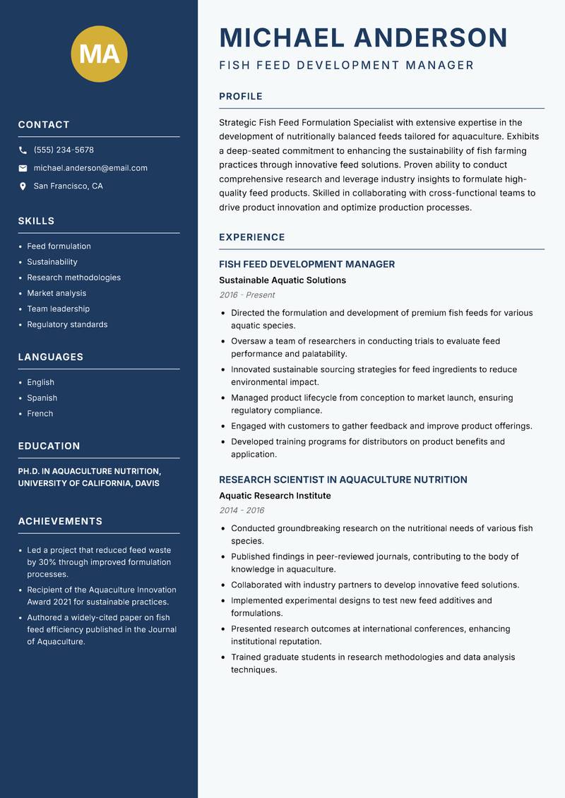 Fish Feed Formulation Specialist resume sample — Fish Feed Development Manager focus