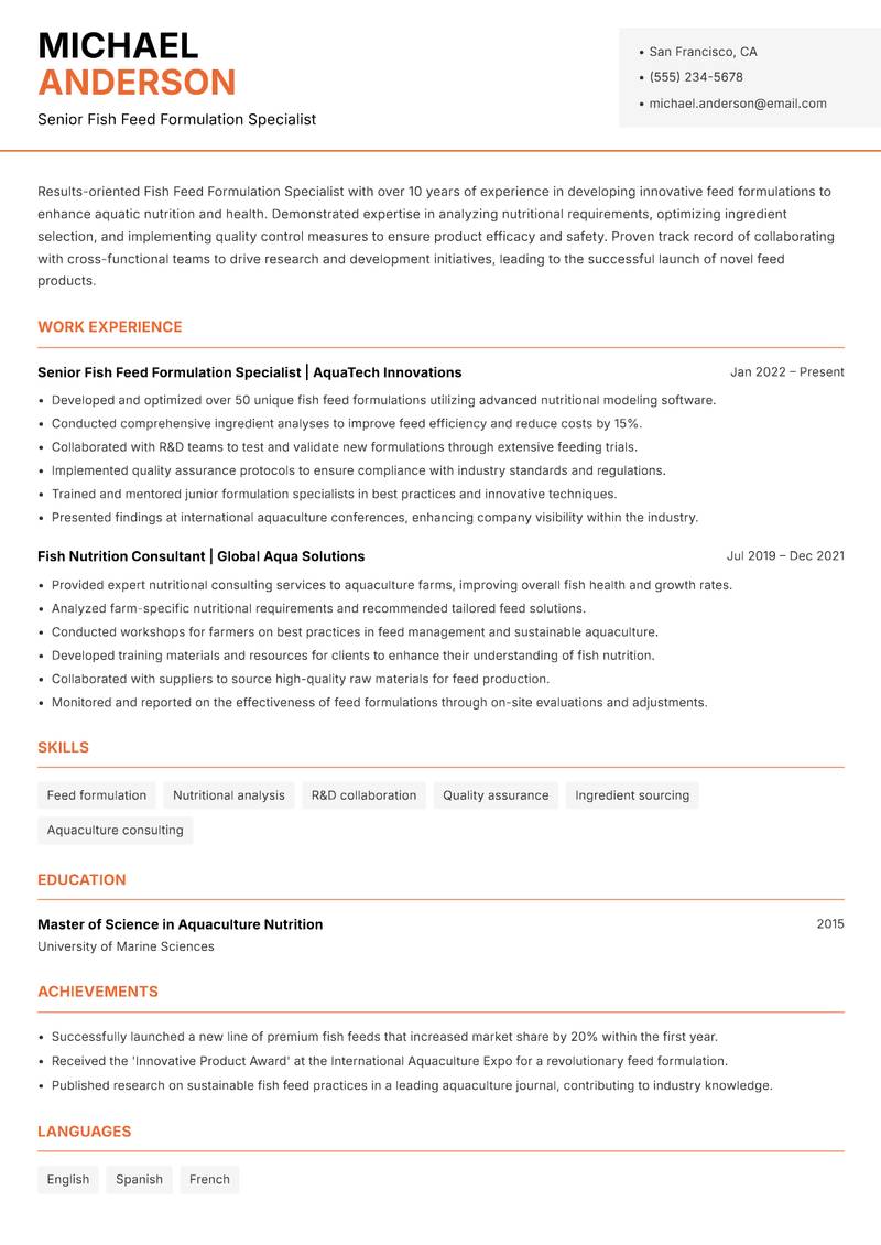 Fish Feed Formulation Specialist resume sample — Senior Fish Feed Formulation Specialist focus