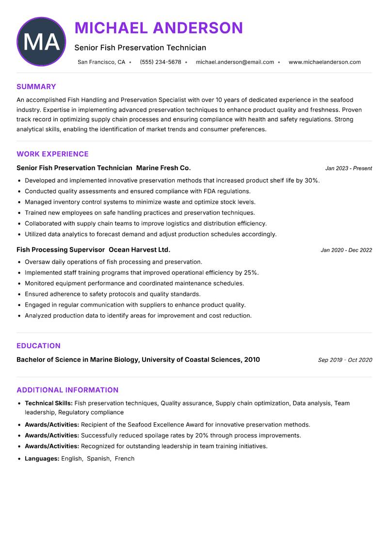 Fish Handling and Preservation Specialist resume example