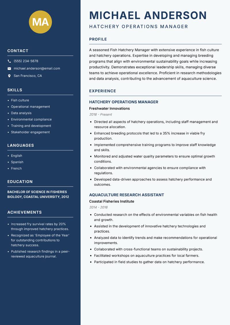 Fish Hatchery Manager resume sample — Hatchery Operations Manager focus