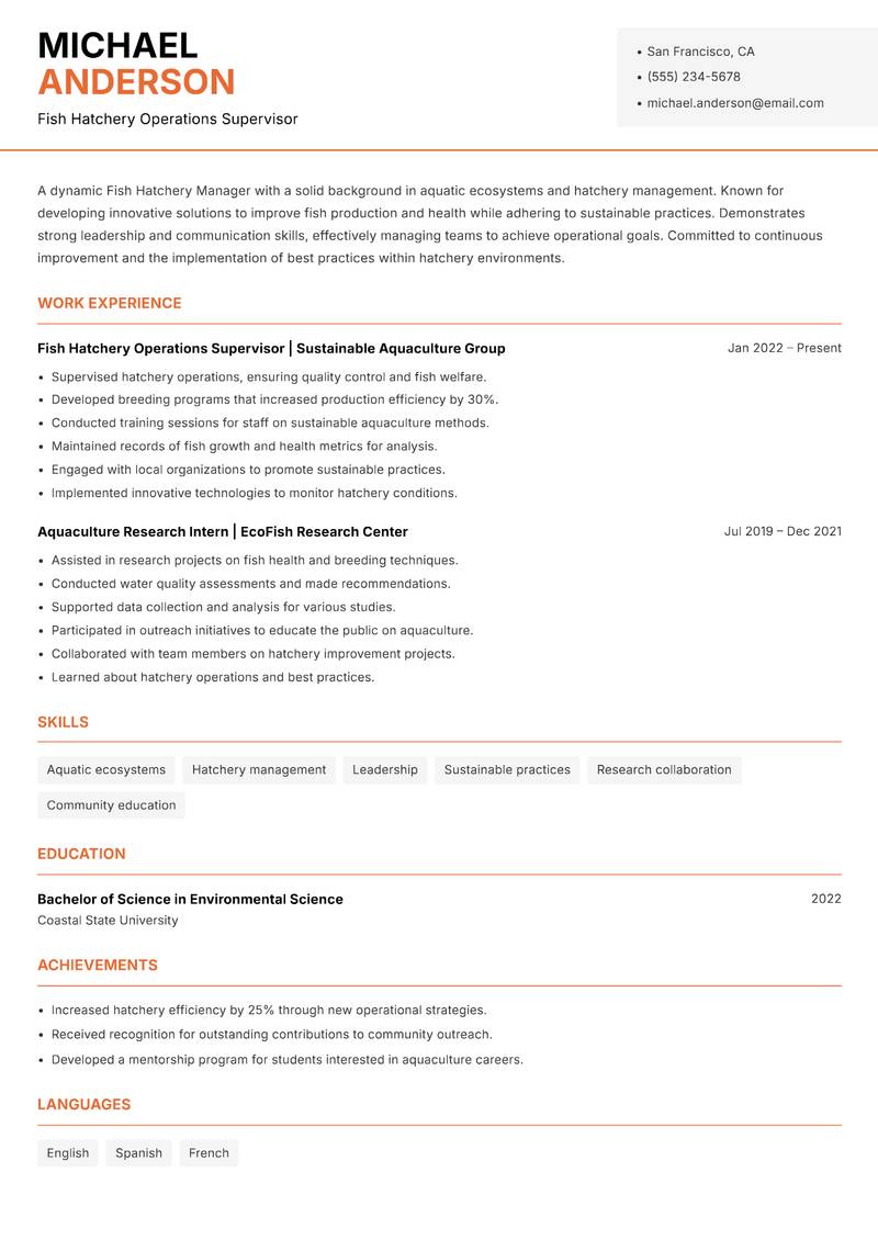 Fish Hatchery Manager resume sample — Fish Hatchery Operations Supervisor focus