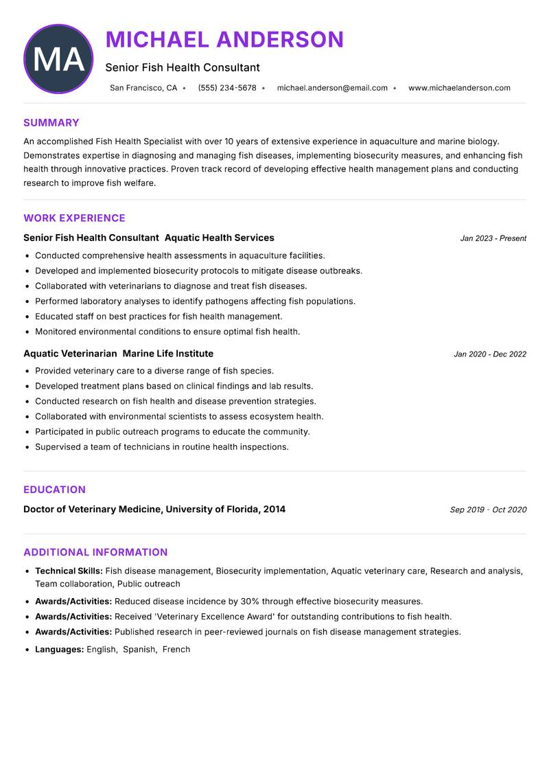 Fish Health Specialist resume example