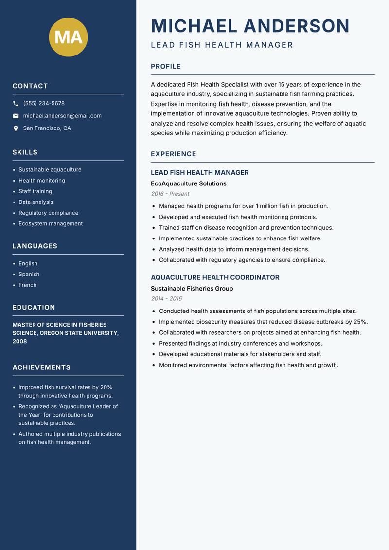 Fish Health Specialist resume sample — Lead Fish Health Manager focus