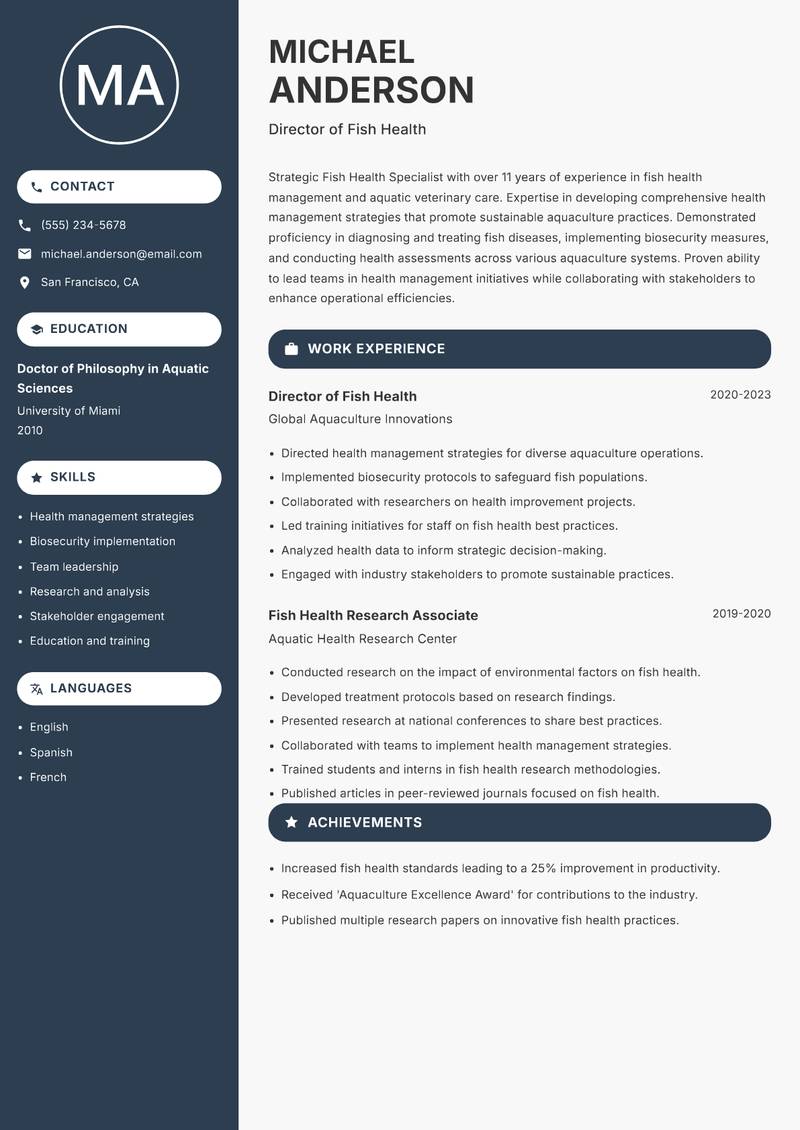 Fish Health Specialist resume sample — Director of Fish Health focus