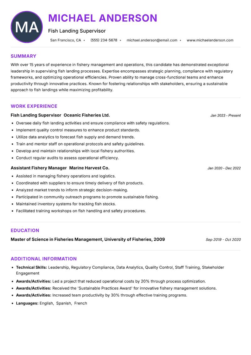 Fish Landing Supervisor resume example