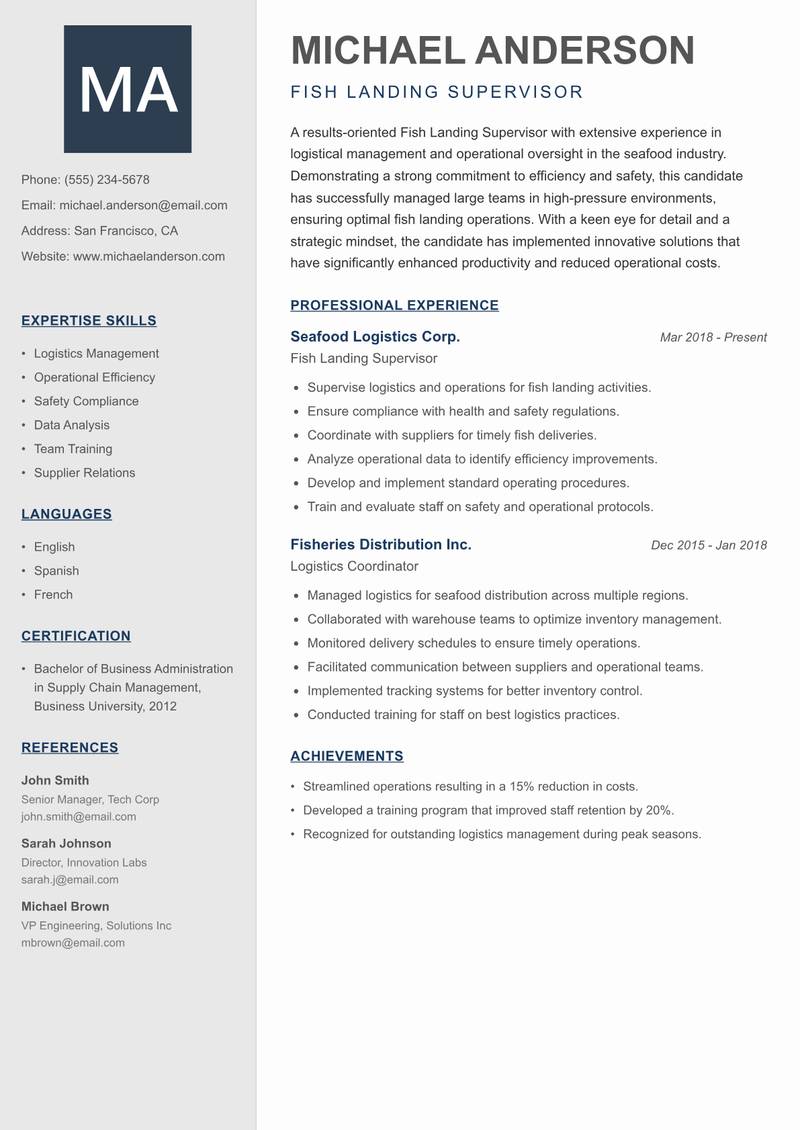 Fish Landing Supervisor resume sample — Fish Landing Supervisor focus