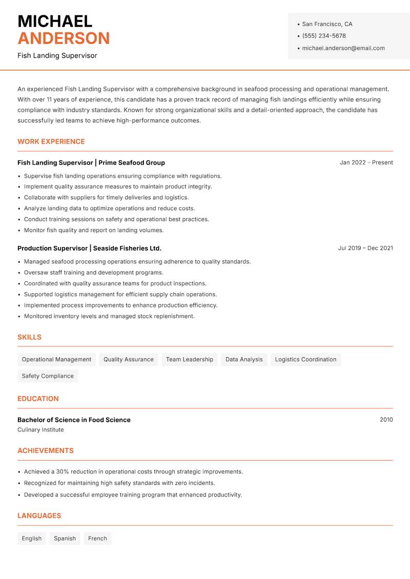 Fish Landing Supervisor resume sample — Fish Landing Supervisor focus