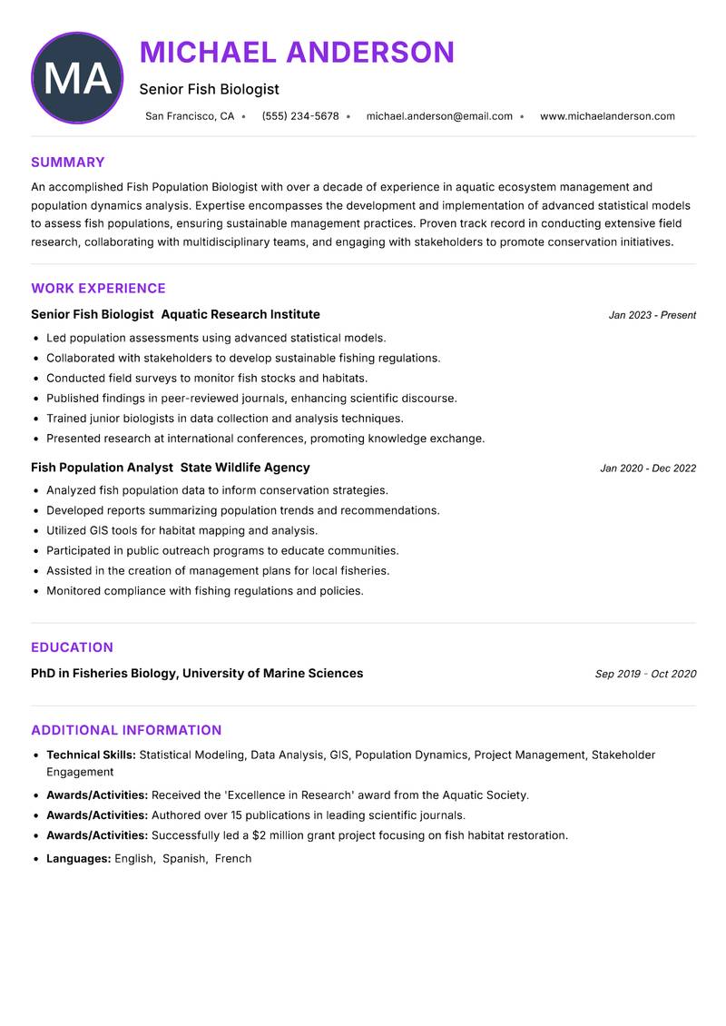 Fish Population Biologist resume example