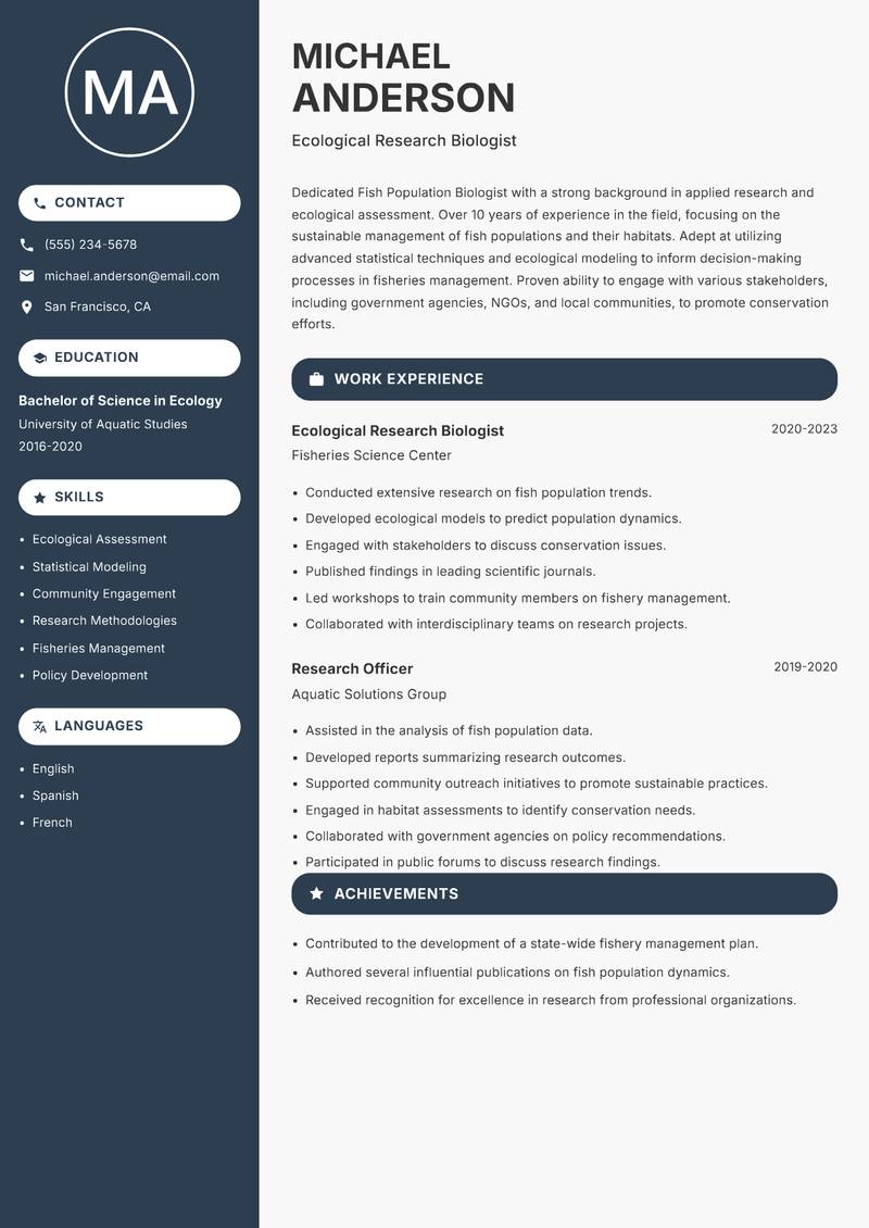 Fish Population Biologist resume sample — Ecological Research Biologist focus