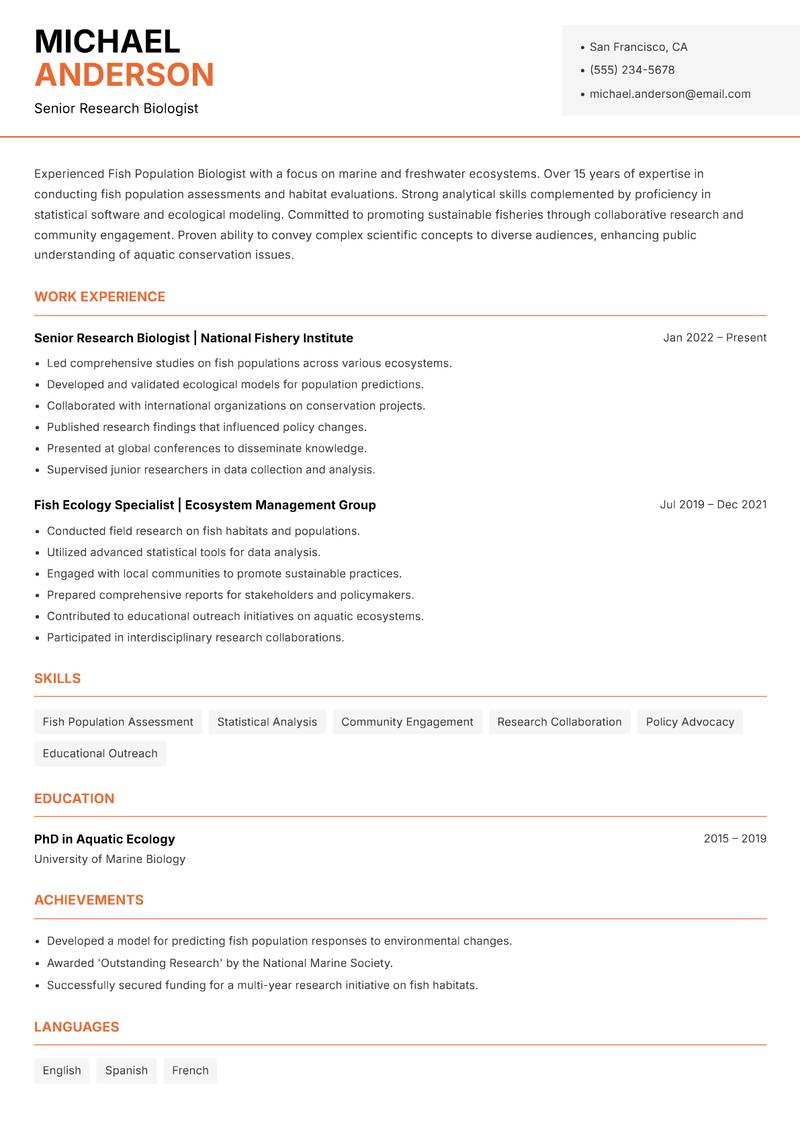 Fish Population Biologist resume sample — Senior Research Biologist focus