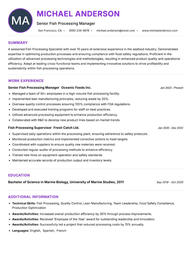 Fish Processing Specialist resume example