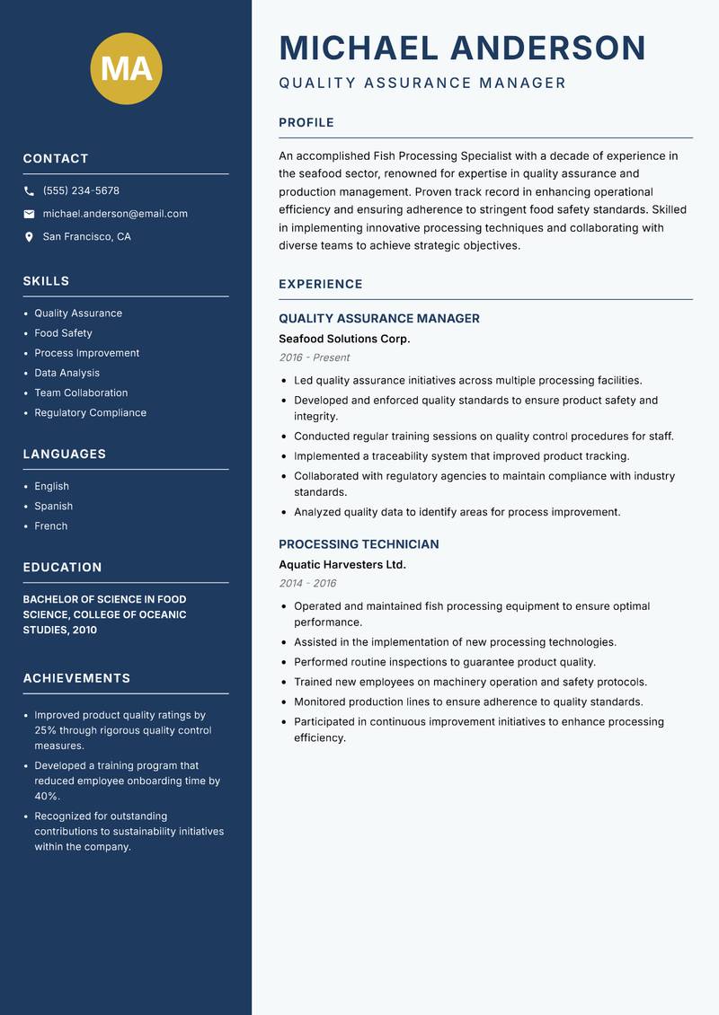 Fish Processing Specialist resume sample — Quality Assurance Manager focus