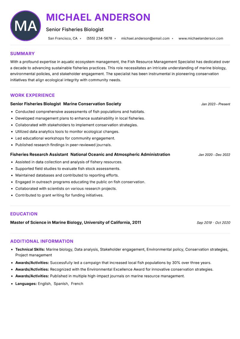 Fish Resource Management Specialist resume example