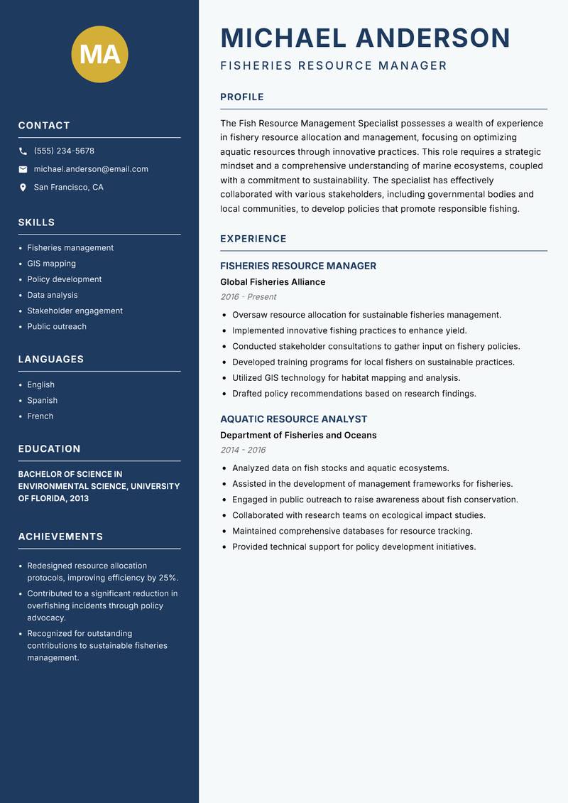Fish Resource Management Specialist resume sample — Fisheries Resource Manager focus
