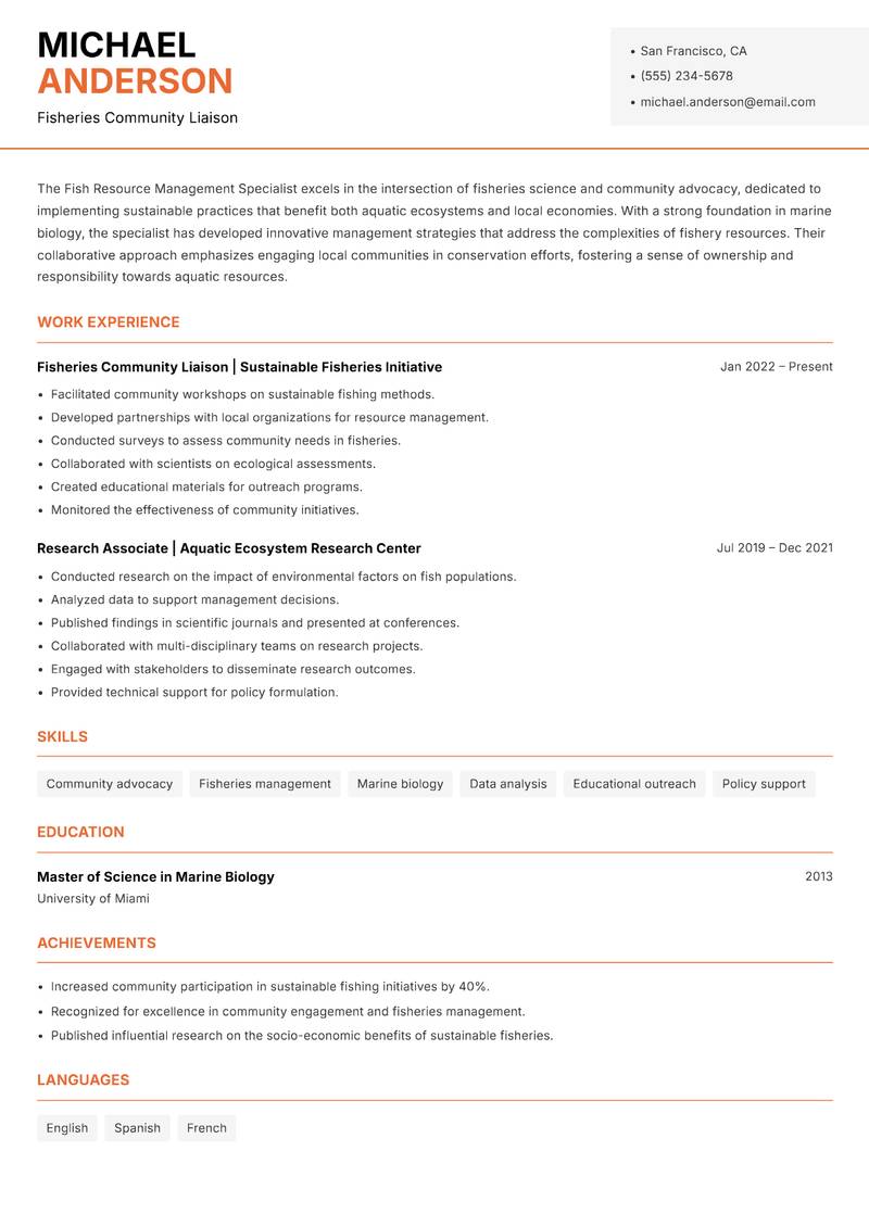 Fish Resource Management Specialist resume sample — Fisheries Community Liaison focus