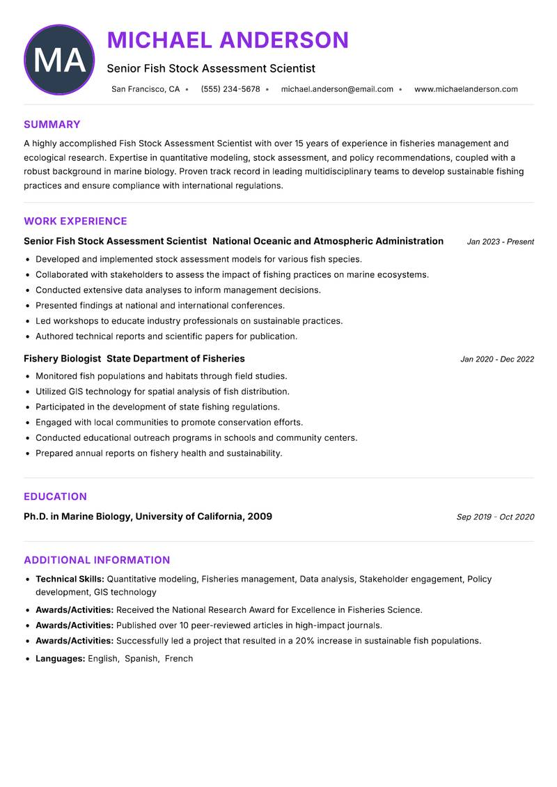 Fish Stock Assessment Scientist resume example