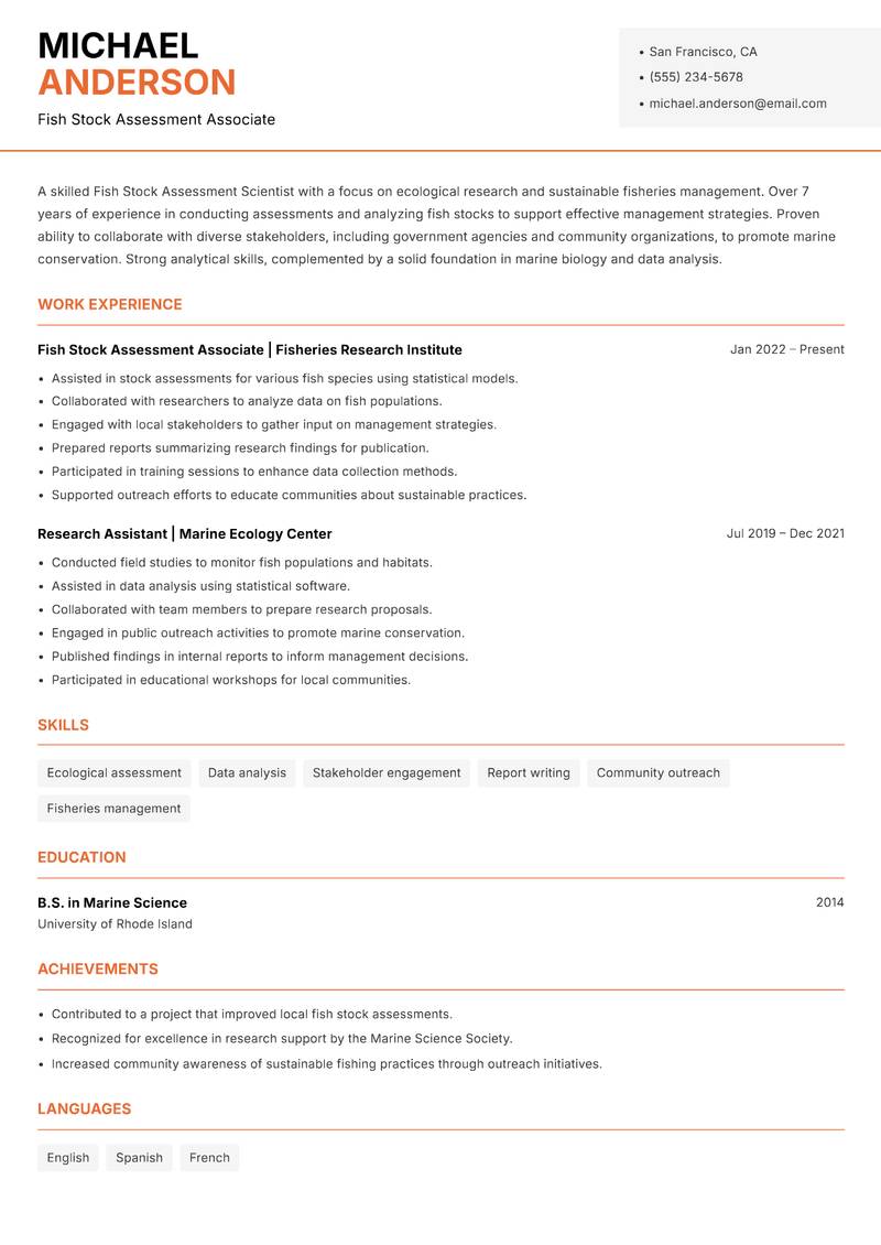 Fish Stock Assessment Scientist resume sample — Fish Stock Assessment Associate focus
