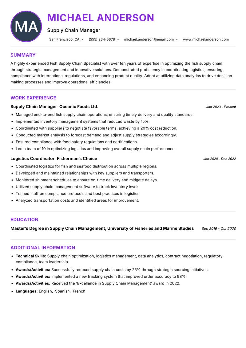 Fish Supply Chain Specialist resume example