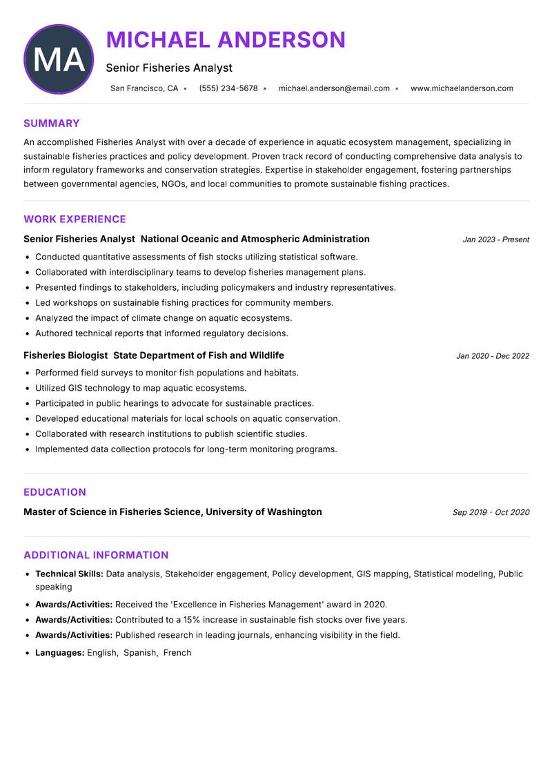Fisheries Analyst resume example