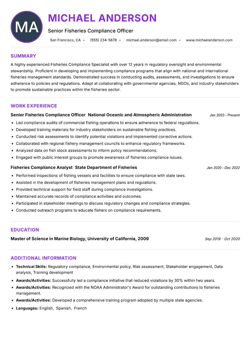 Fisheries Compliance Specialist resume example