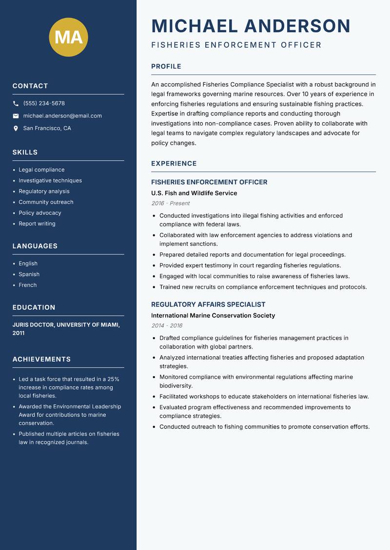Fisheries Compliance Specialist resume sample — Fisheries Enforcement Officer focus