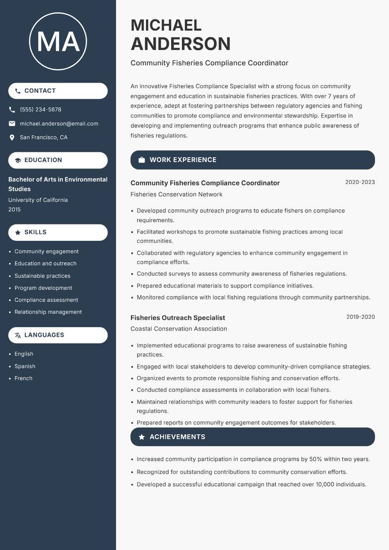 Fisheries Compliance Specialist resume sample — Community Fisheries Compliance Coordinator focus