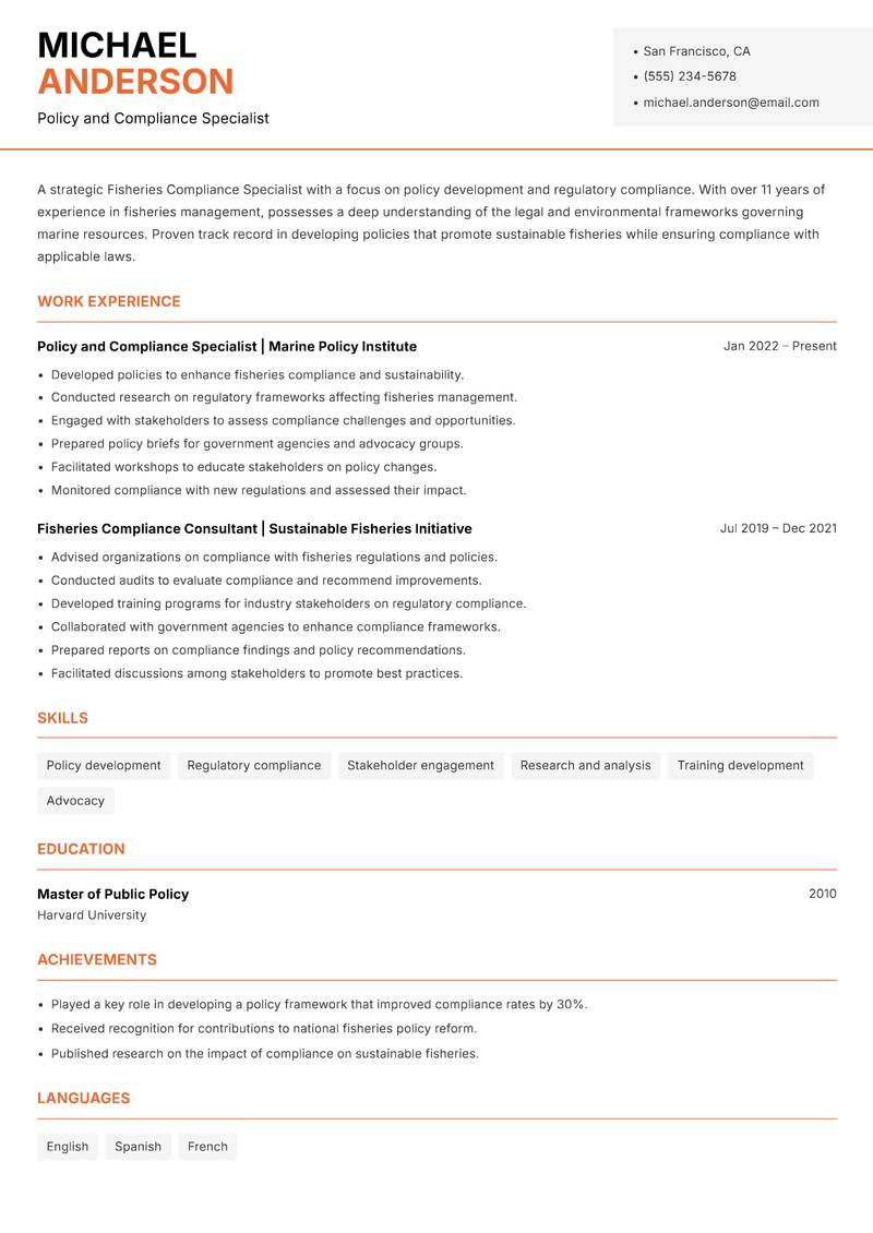 Fisheries Compliance Specialist resume sample — Policy and Compliance Specialist focus