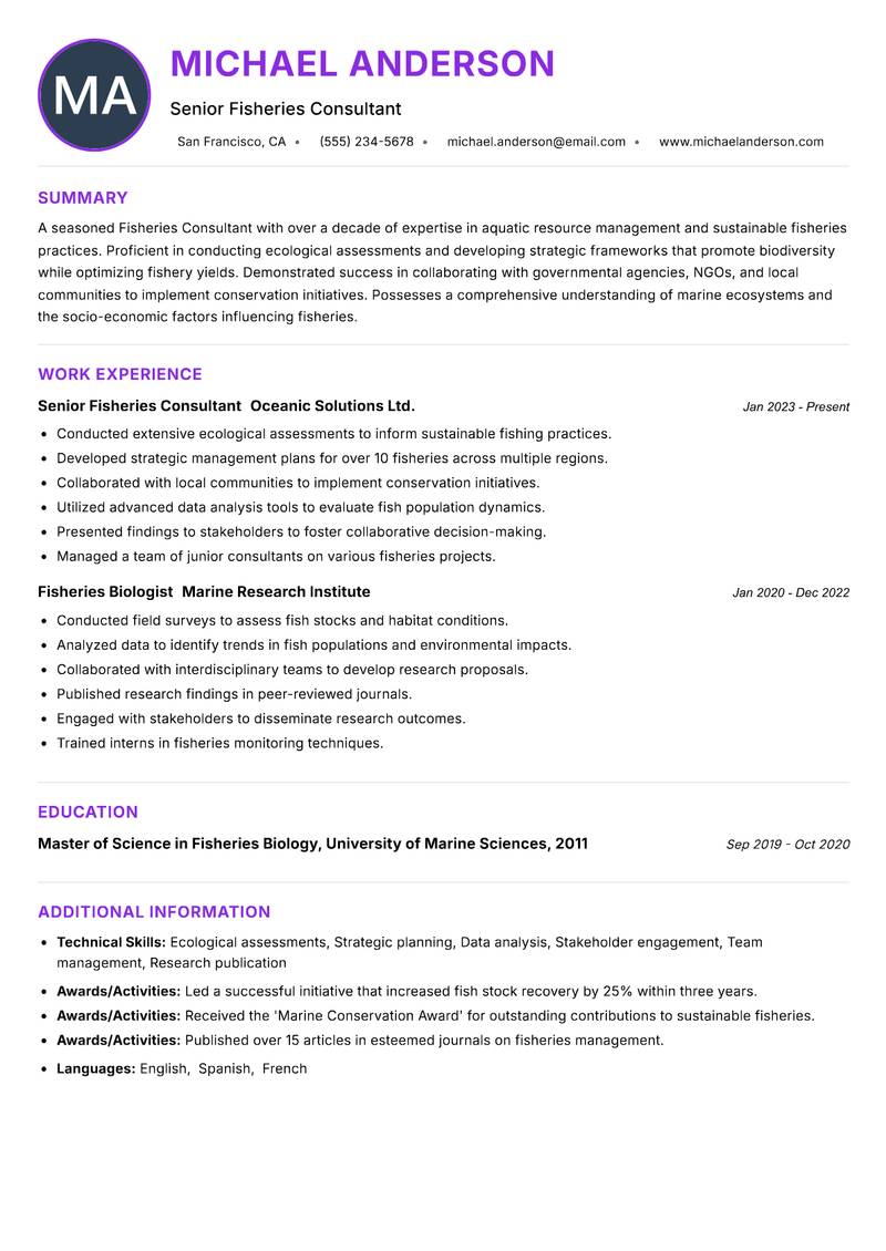Fisheries Consultant resume example