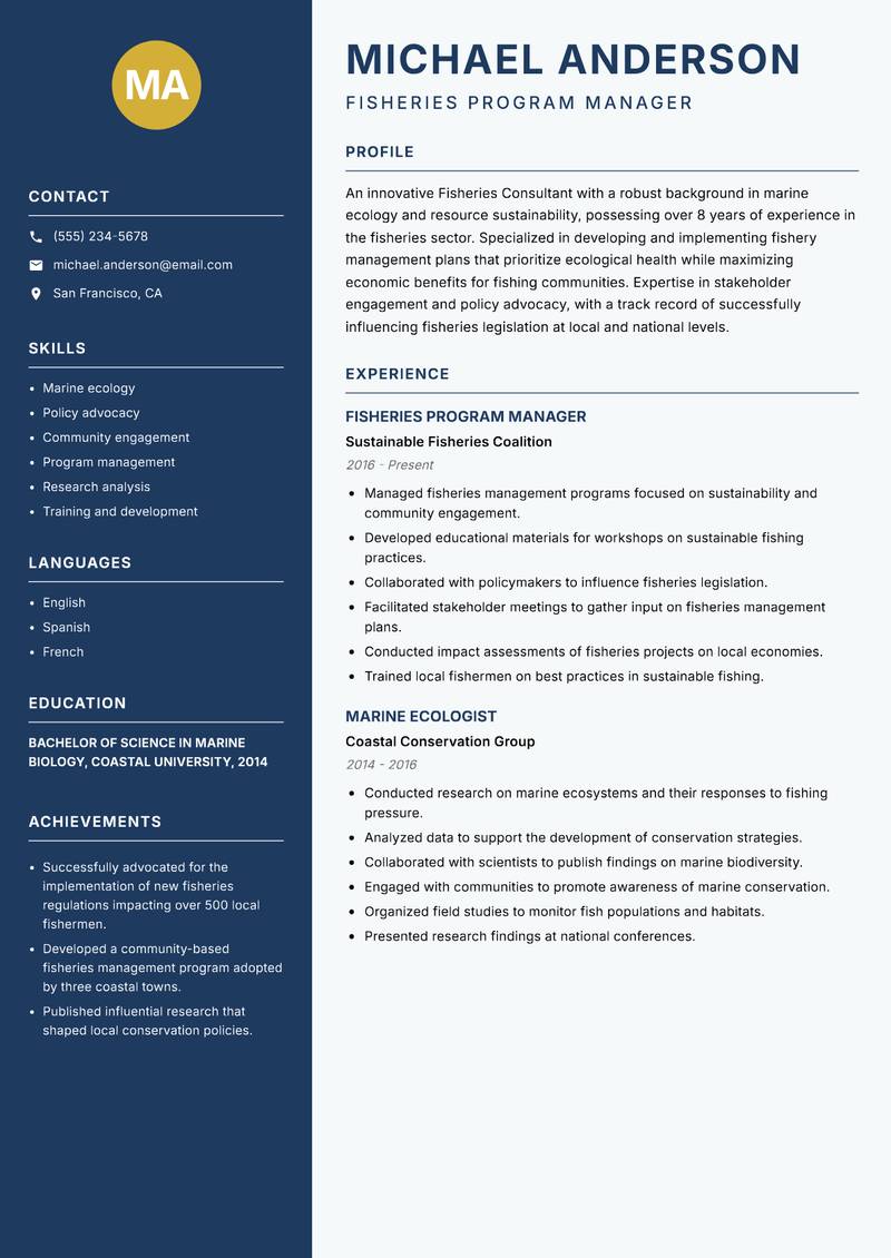 Fisheries Consultant resume sample — Fisheries Program Manager focus