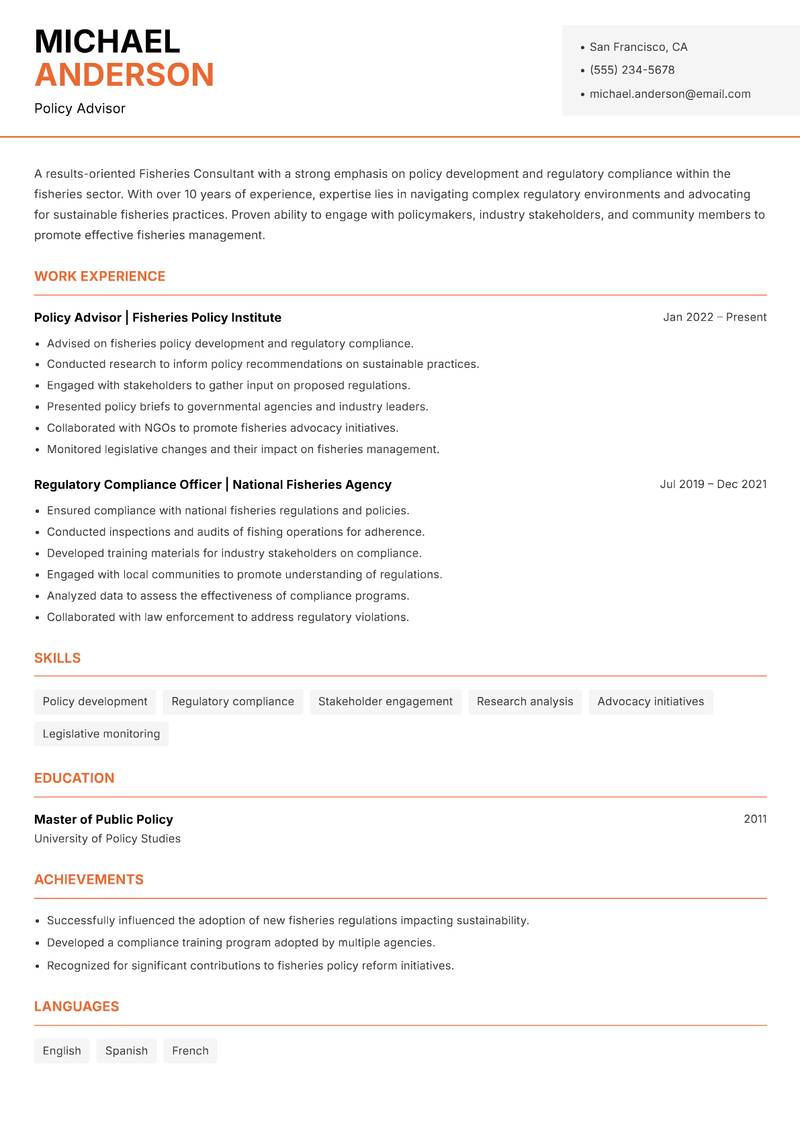 Fisheries Consultant resume sample — Policy Advisor focus