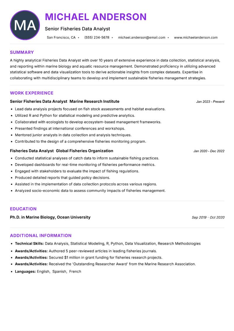 Fisheries Data Analyst resume example