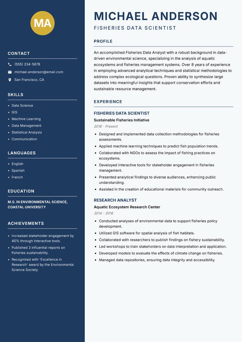 Fisheries Data Analyst resume sample — Fisheries Data Scientist focus