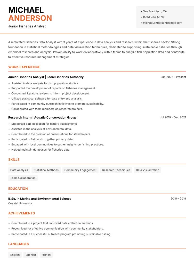 Fisheries Data Analyst resume sample — Junior Fisheries Analyst focus