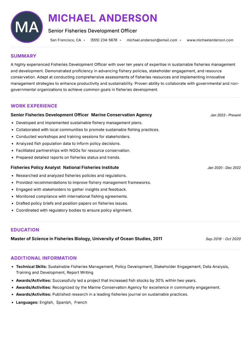 Fisheries Development Officer resume example