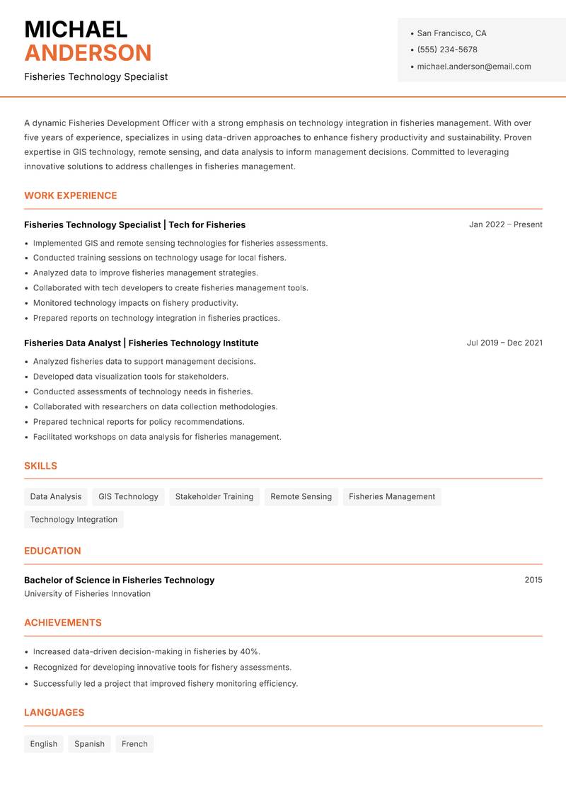 Fisheries Development Officer resume sample — Fisheries Technology Specialist focus
