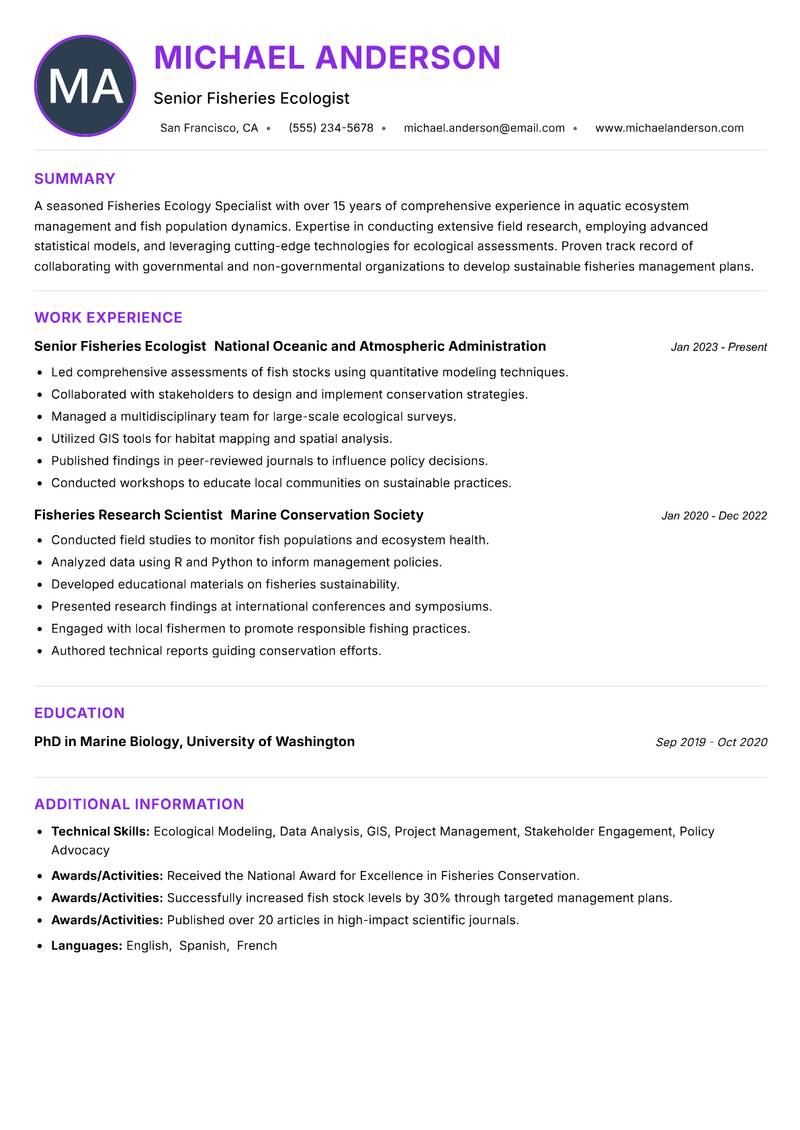 Fisheries Ecology Specialist resume example