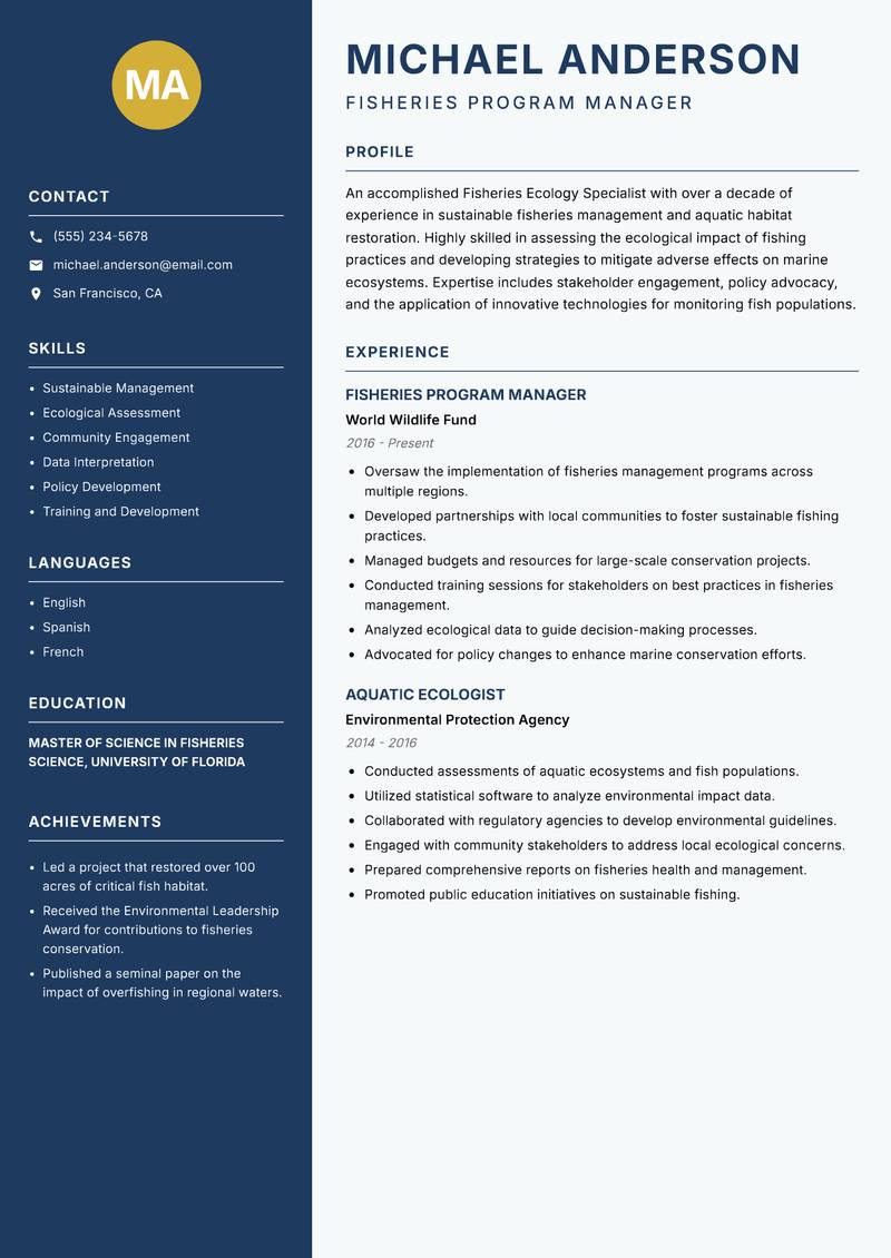 Fisheries Ecology Specialist resume sample — Fisheries Program Manager focus