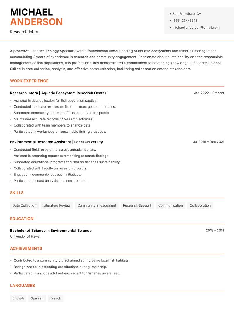 Fisheries Ecology Specialist resume sample — Research Intern focus
