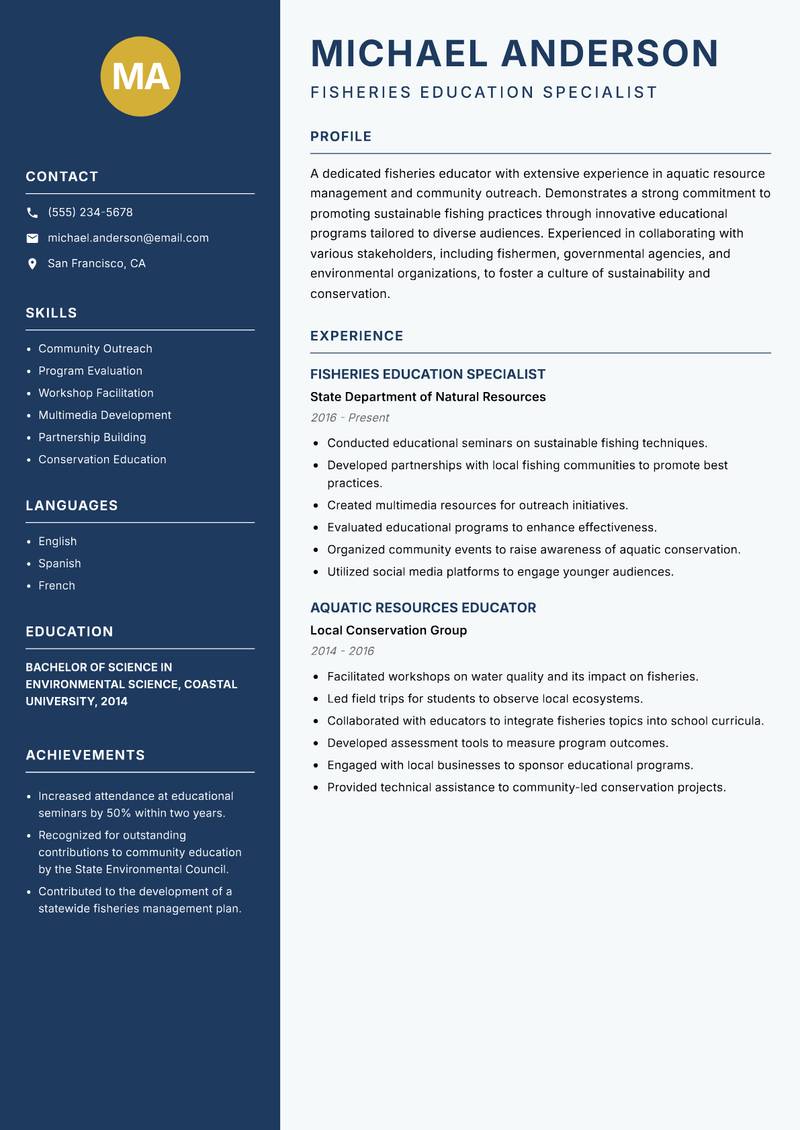 Fisheries Educator resume sample — Fisheries Education Specialist focus
