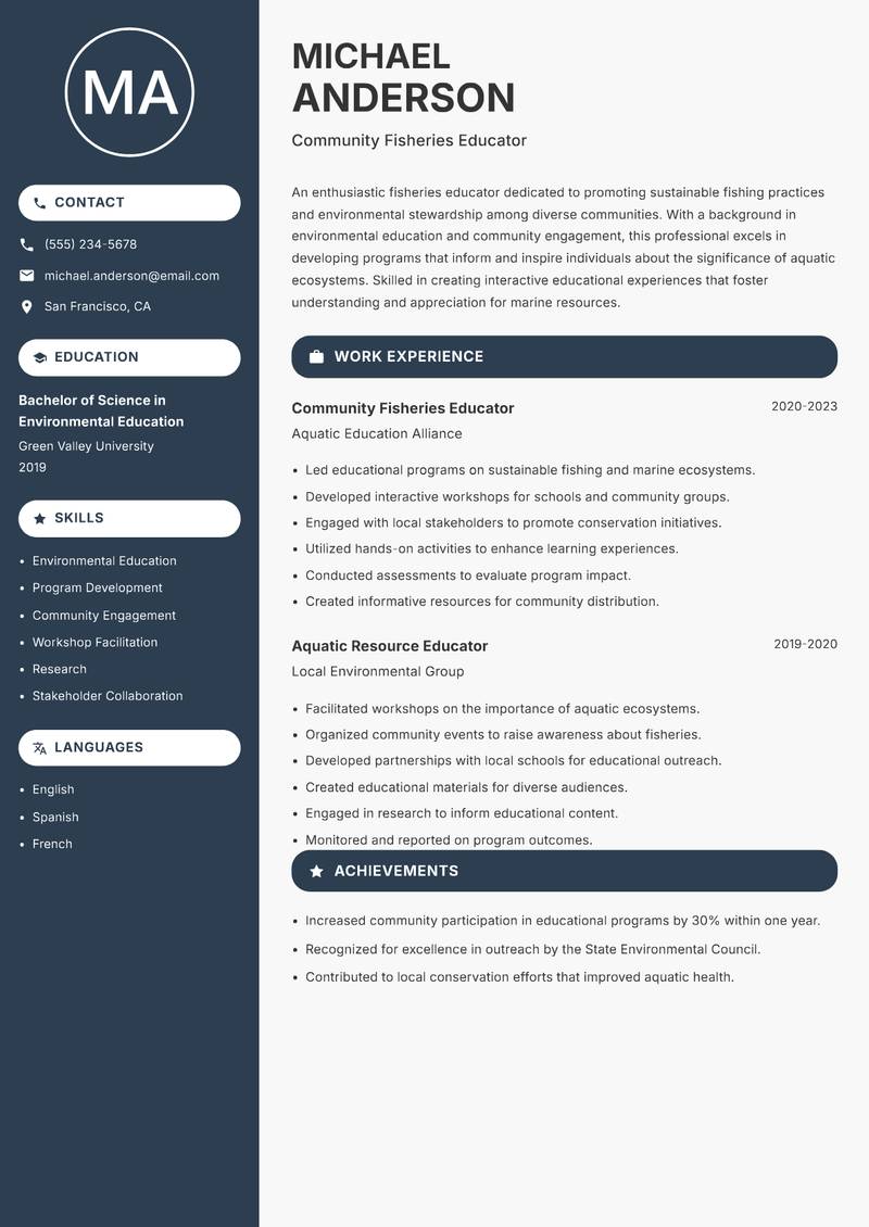 Fisheries Educator resume sample — Community Fisheries Educator focus