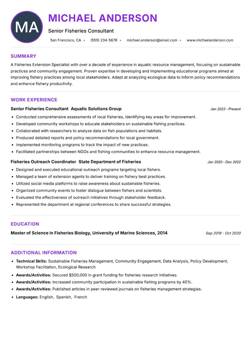 Fisheries Extension Specialist resume example